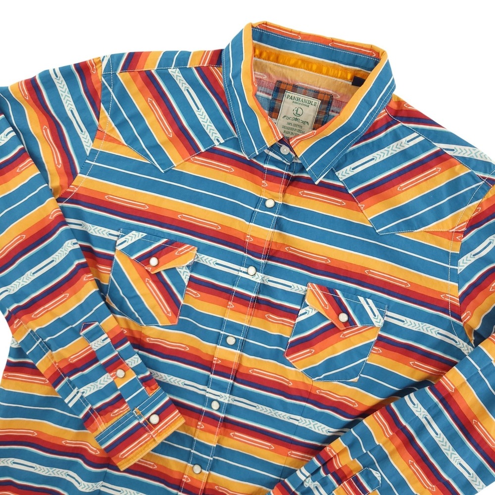 Panhandle Rough Stock Shirt Womens L Multicolor Stripe Long Sleeve‎ Snap Western